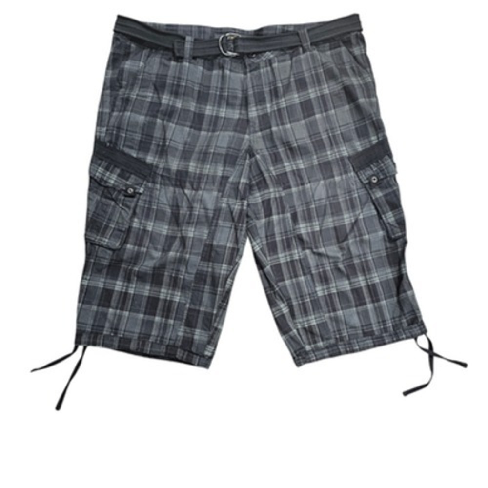 XRAY JEANS Men's Size 44 Plaid Cargo Shorts Belted Drawstring Hem Gray Black